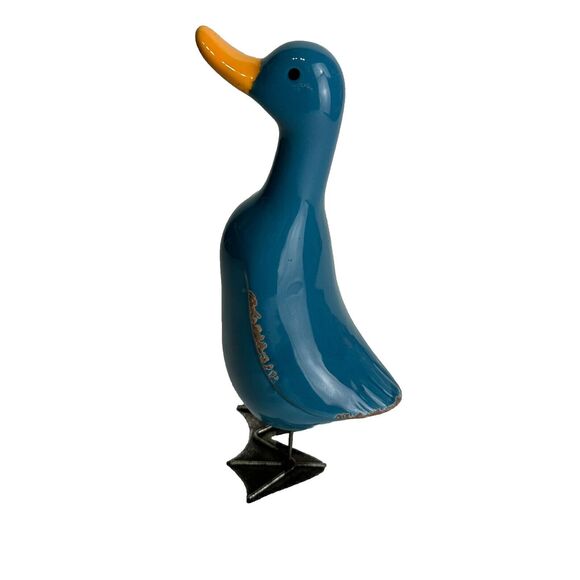 Folk Art Ceramic Blue Duck Figurine Yellow Beak Home Decor - Picture 1 of 8